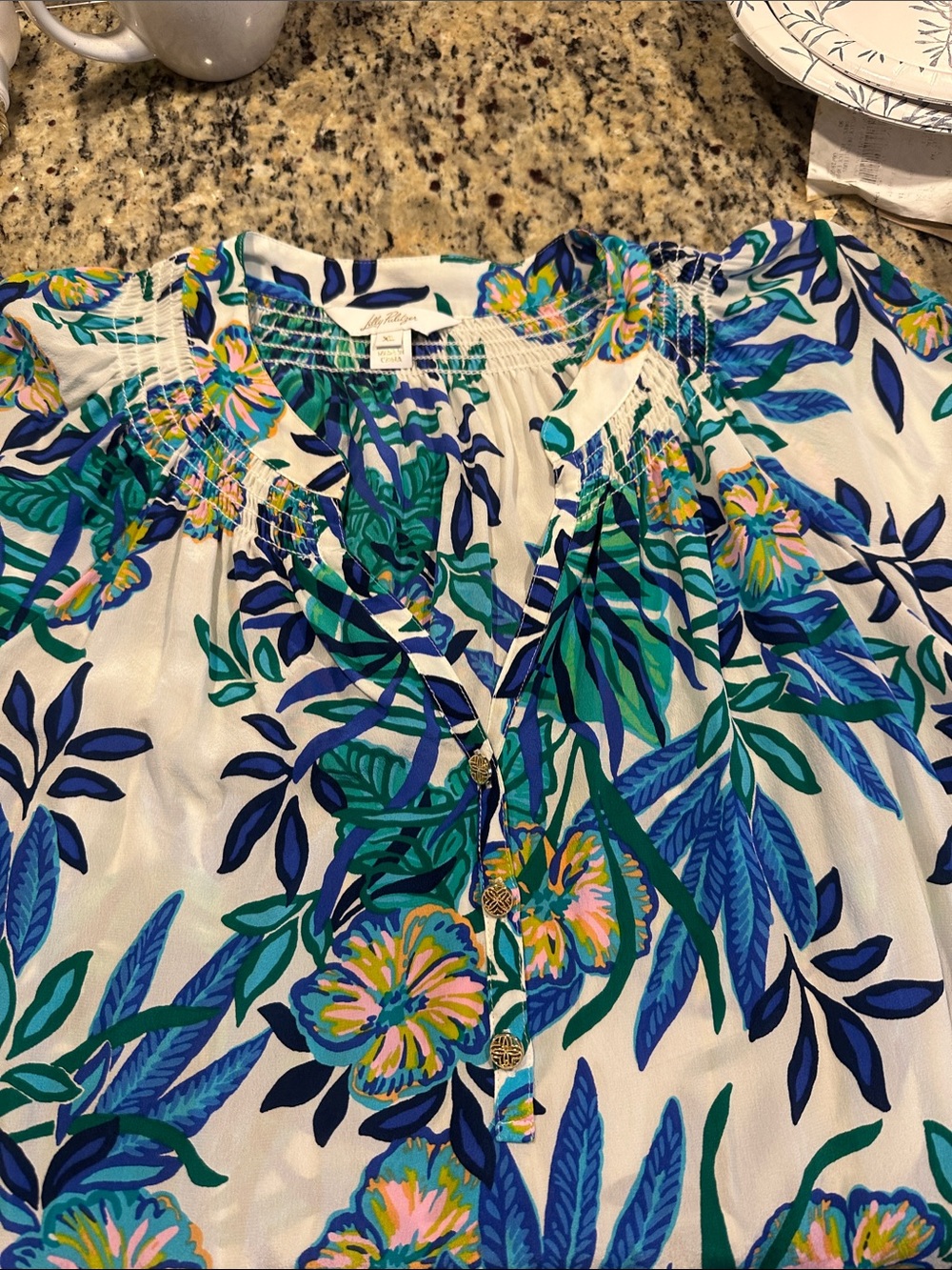Lilly Pulitzer White Floral Peasant Blouse with Blue & Green Print. Authentic.